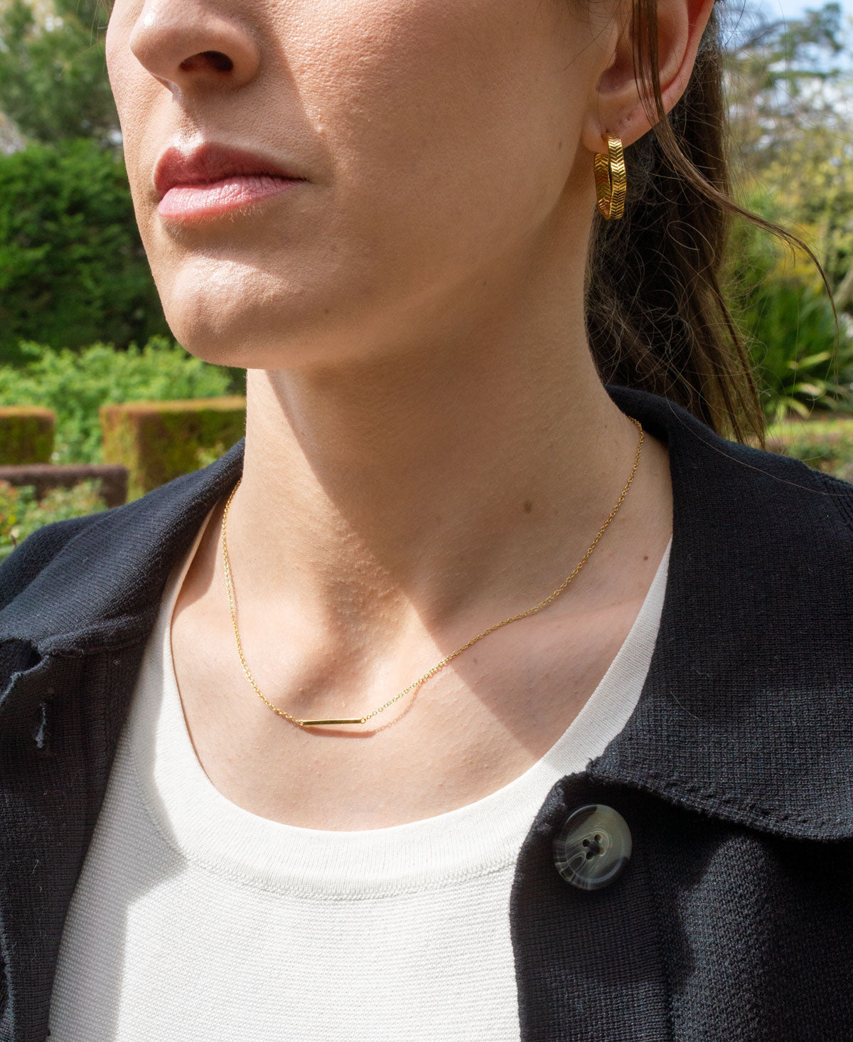 Petite necklace worn by model - delicate dainty bar necklace layering