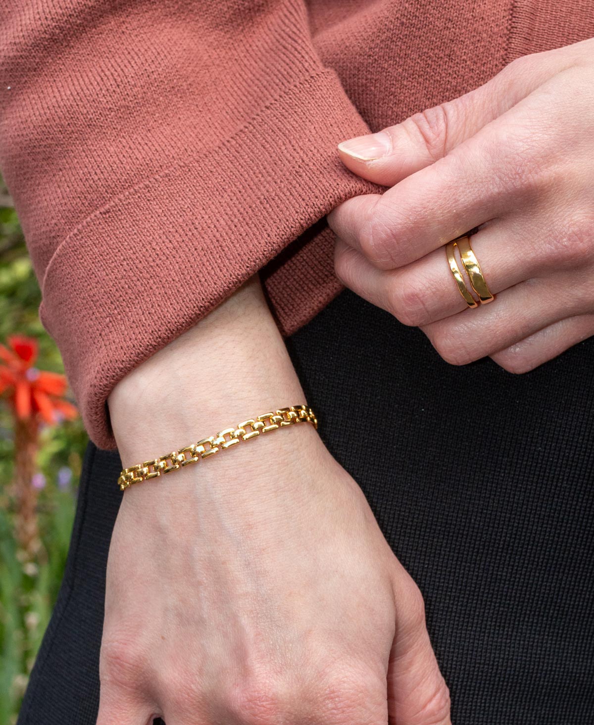 Elyse ring and Timeless bracelet lifestyle shot - versatile everyday stacked ring timeless design