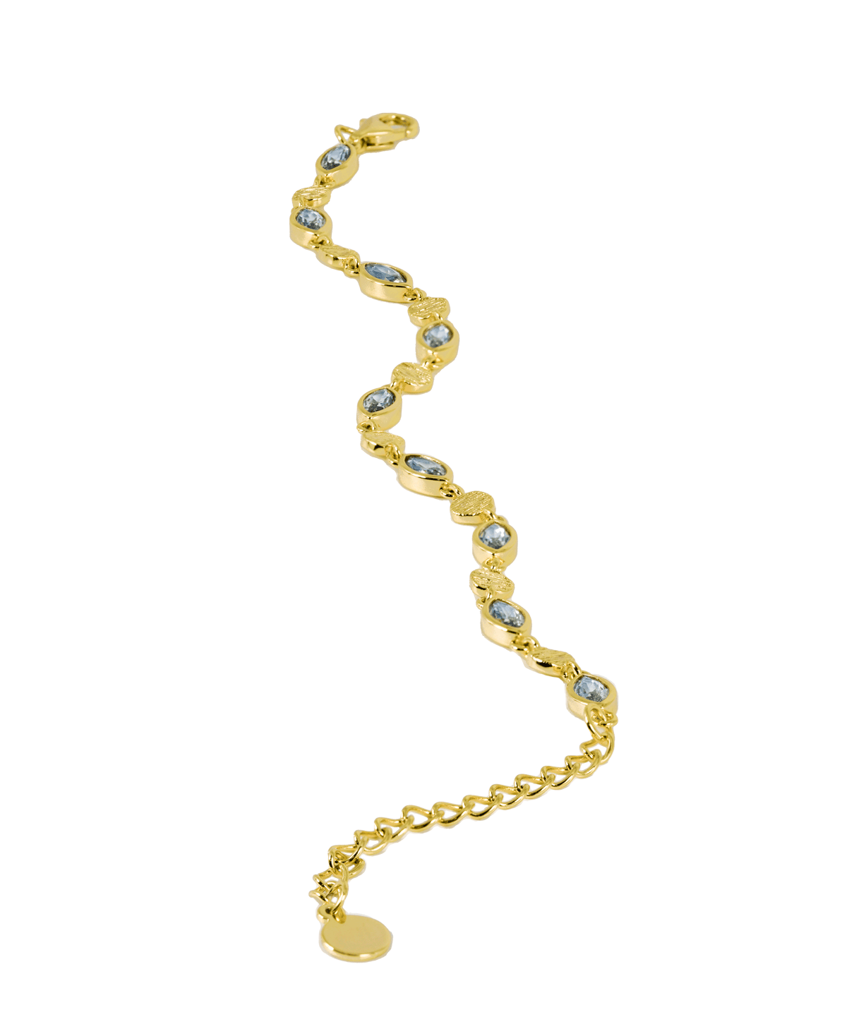 Clara bracelet close-up - blue topaz spinel stones with circular disc detail